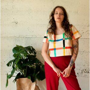 Ersa Fibers Frankie Top Chunky Windowpane Cropped Square Neck Cream Size M